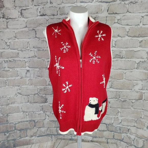 Vintage 90s Embroidered Knit Full Zip Vest Polar Bears Red Large cleo - Picture 5 of 15